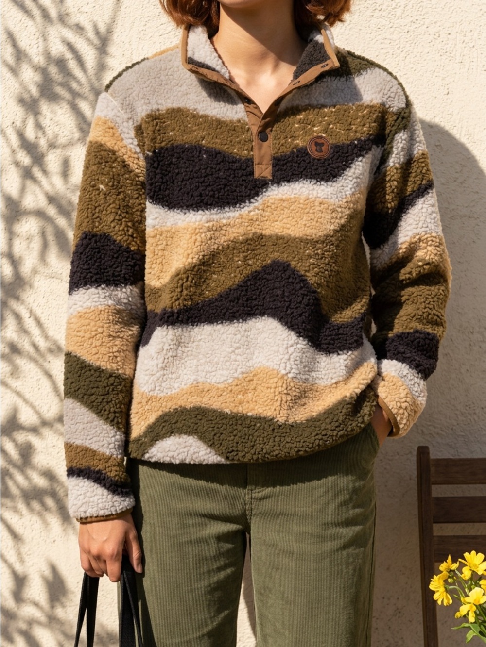 Women’s Cozy Sherpa Quarter-Snap Pullover Sweater - Olive Multi